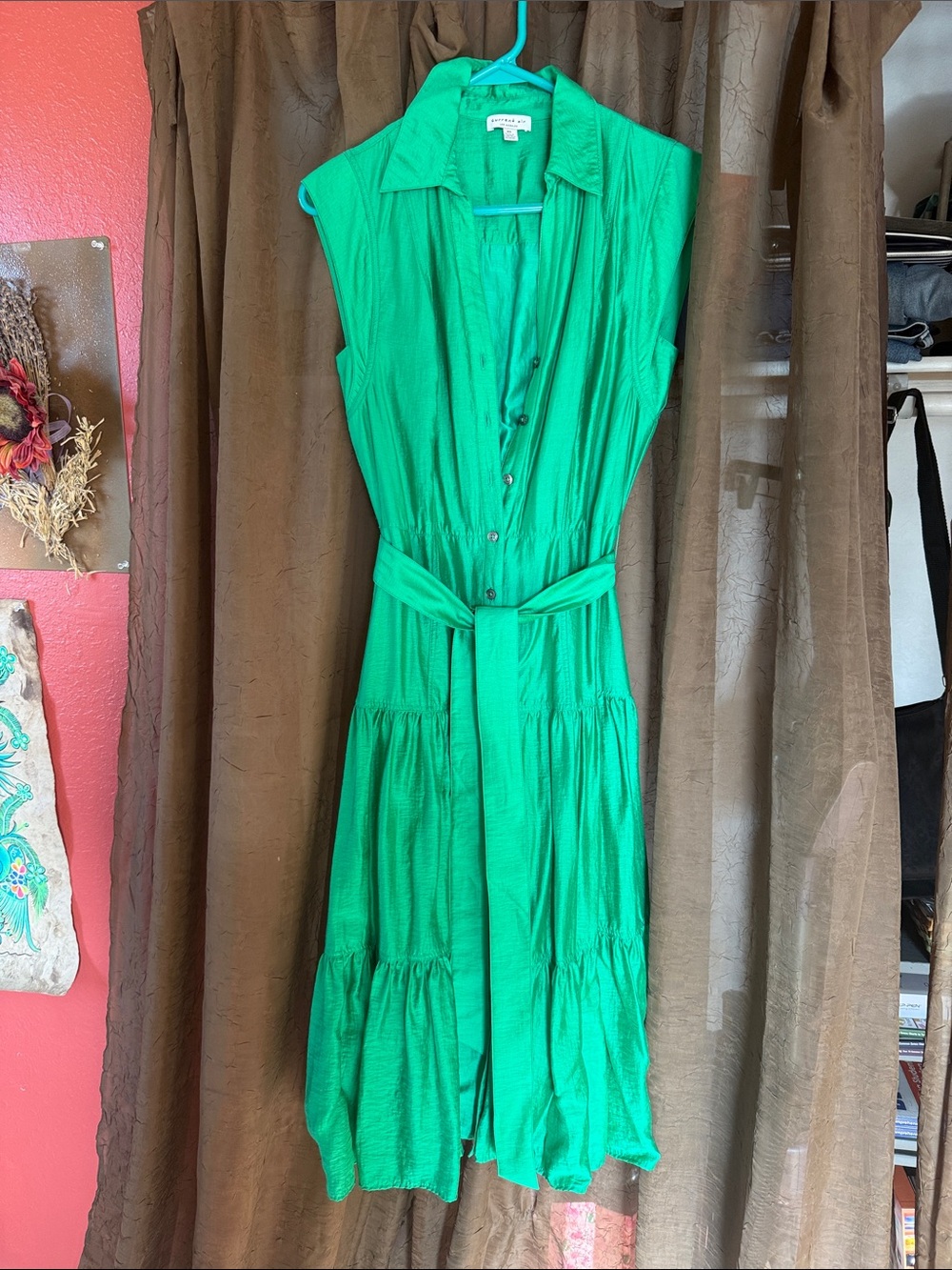 Current Air Vibrant Green Sleeveless Button-Front Tie-Waist Midi Dress